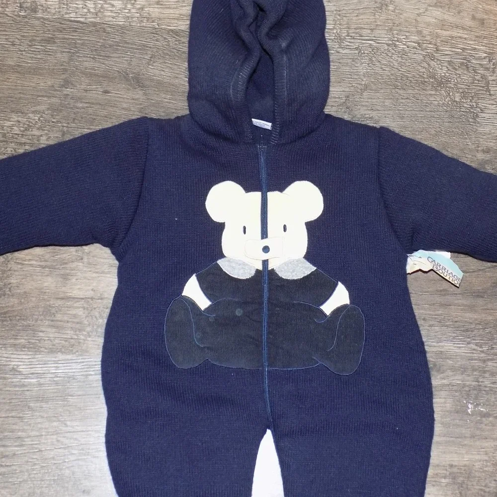 Carriage Boutiques Knit Pram Suit Kids 6M Navy New Teddy Bear Hooded Bunting